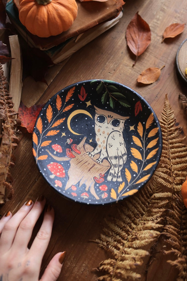 Midnight Autumn Forest Owl Dish