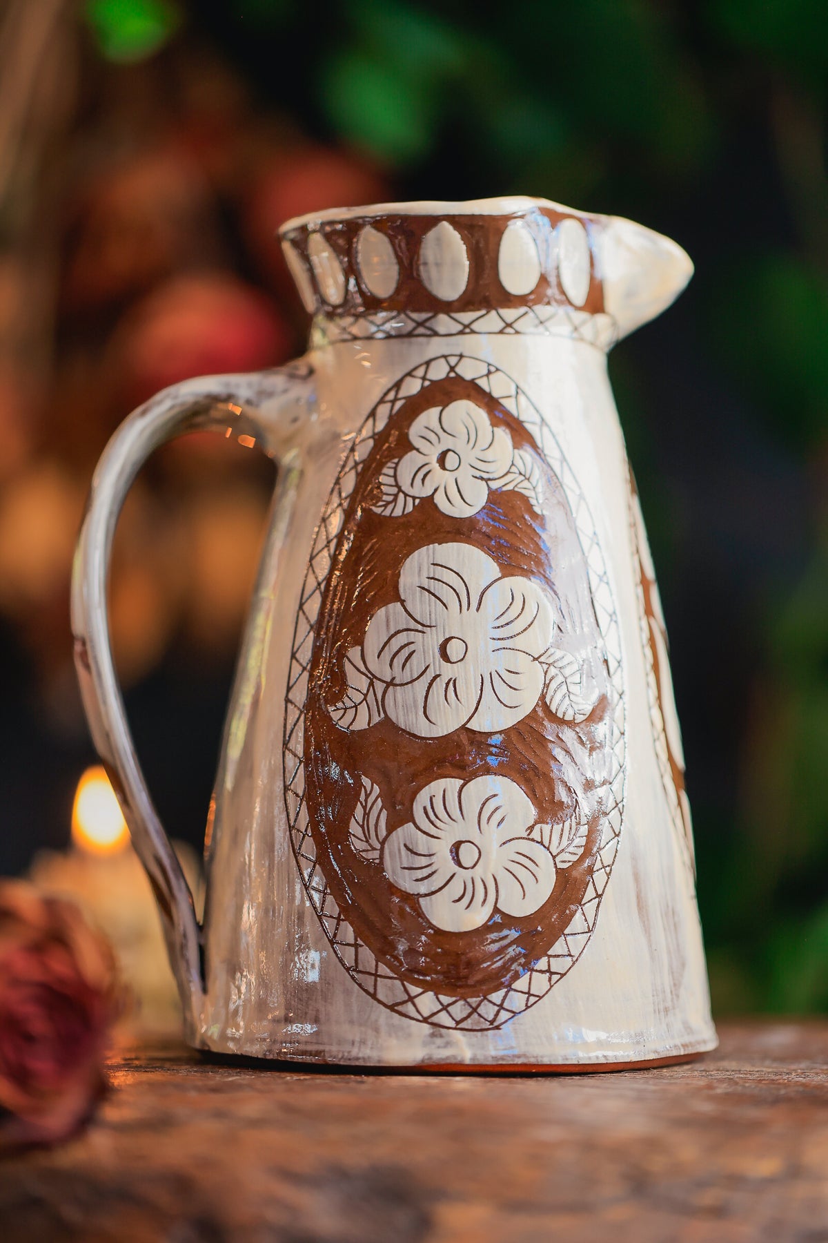 Tall Glazed Meadow Flowers Pitcher in Autumn Wood 26 oz