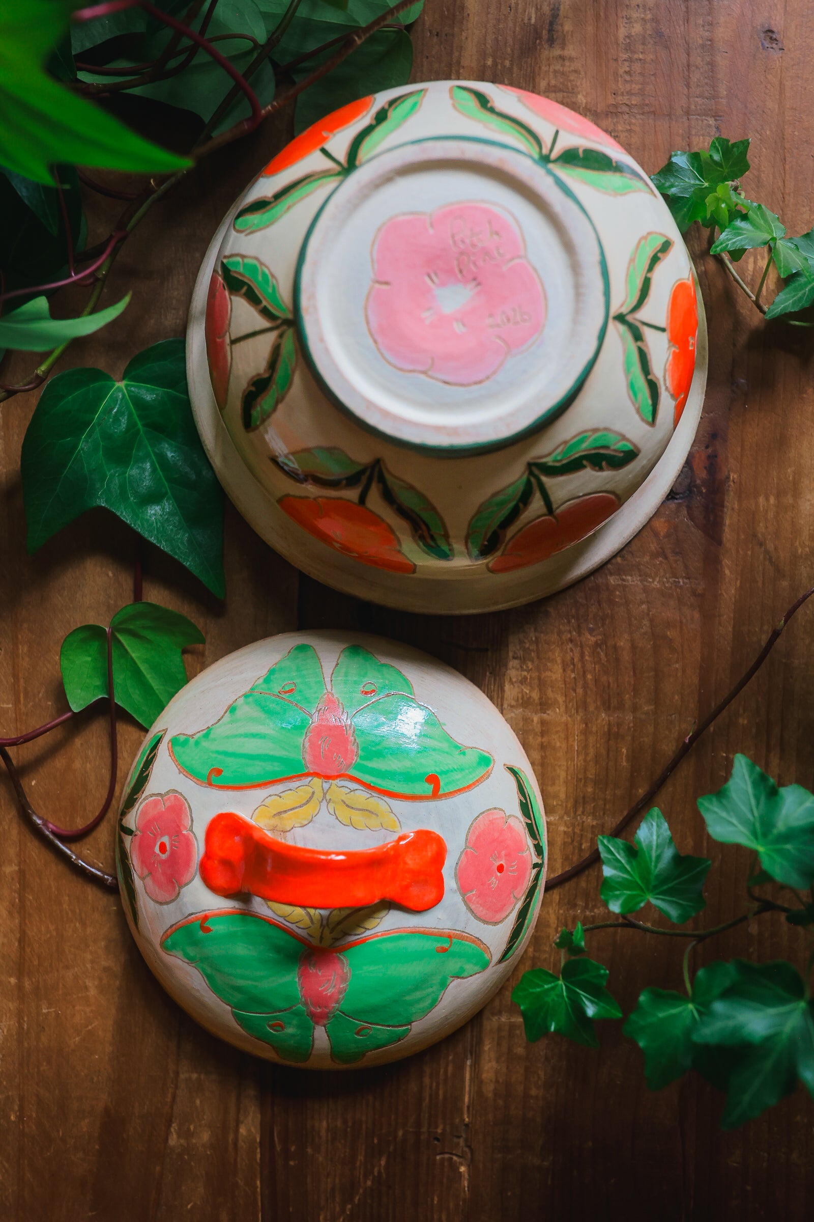 Painted Green Garden Moths Lidded Jar in Stoneware