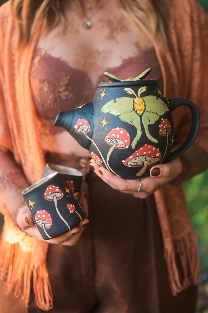 Midnight Autumn Luna Moths &amp; Mushrooms Teapot Set
