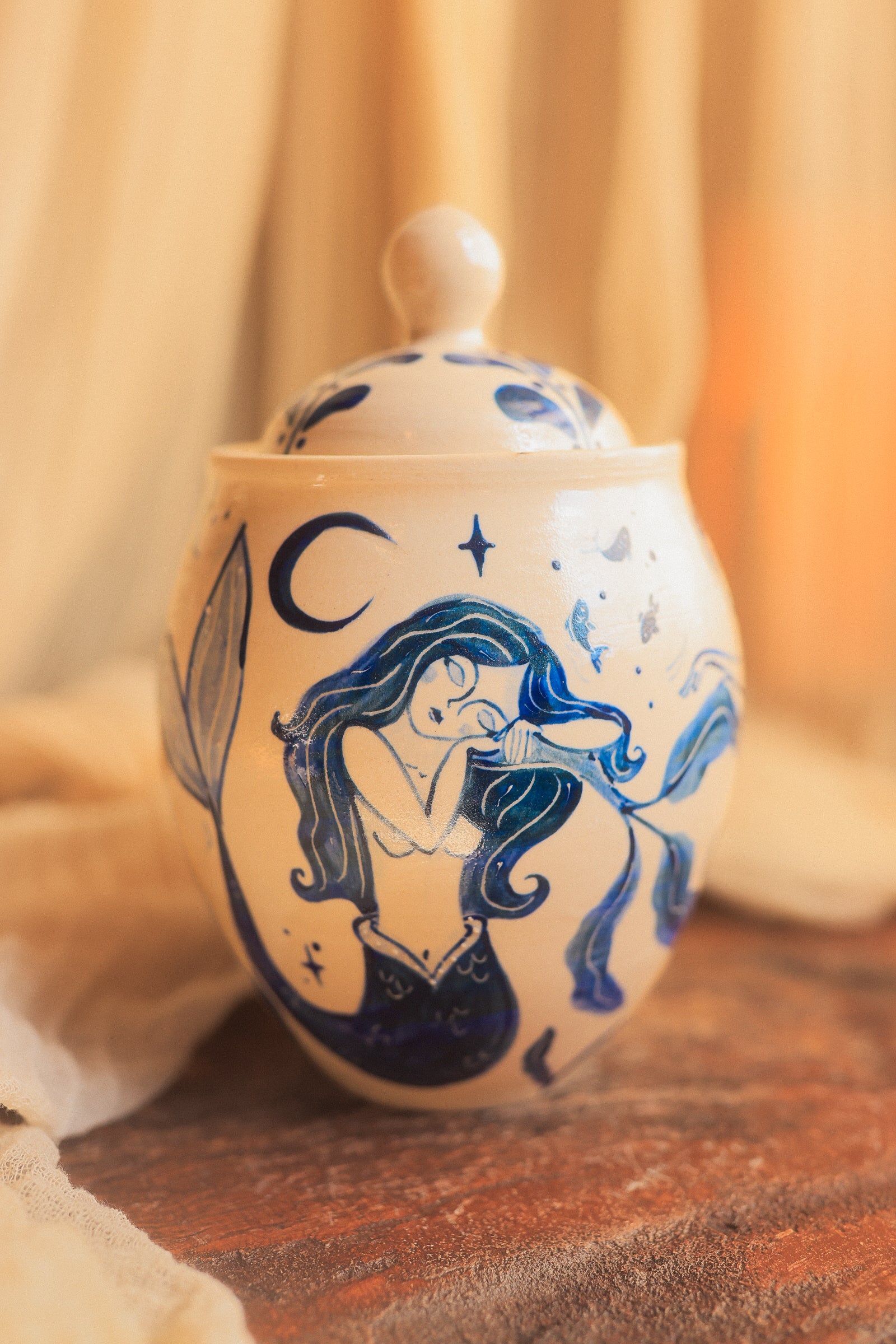 Painted Porcelain Maidens of the Sea Jar in Cobalt Blue