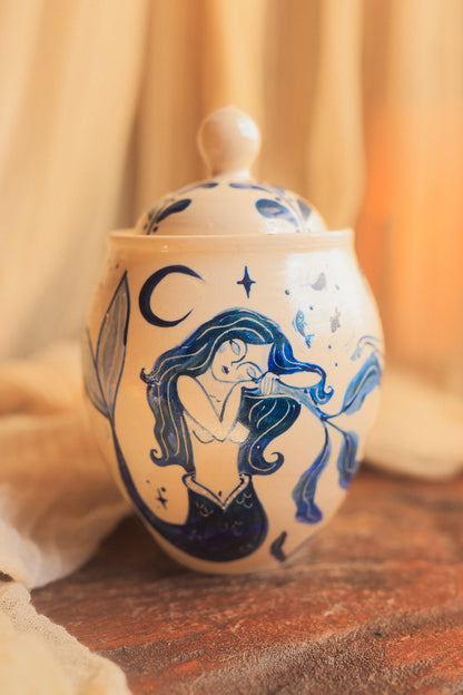 Painted Porcelain Maidens of the Sea Jar in Cobalt Blue