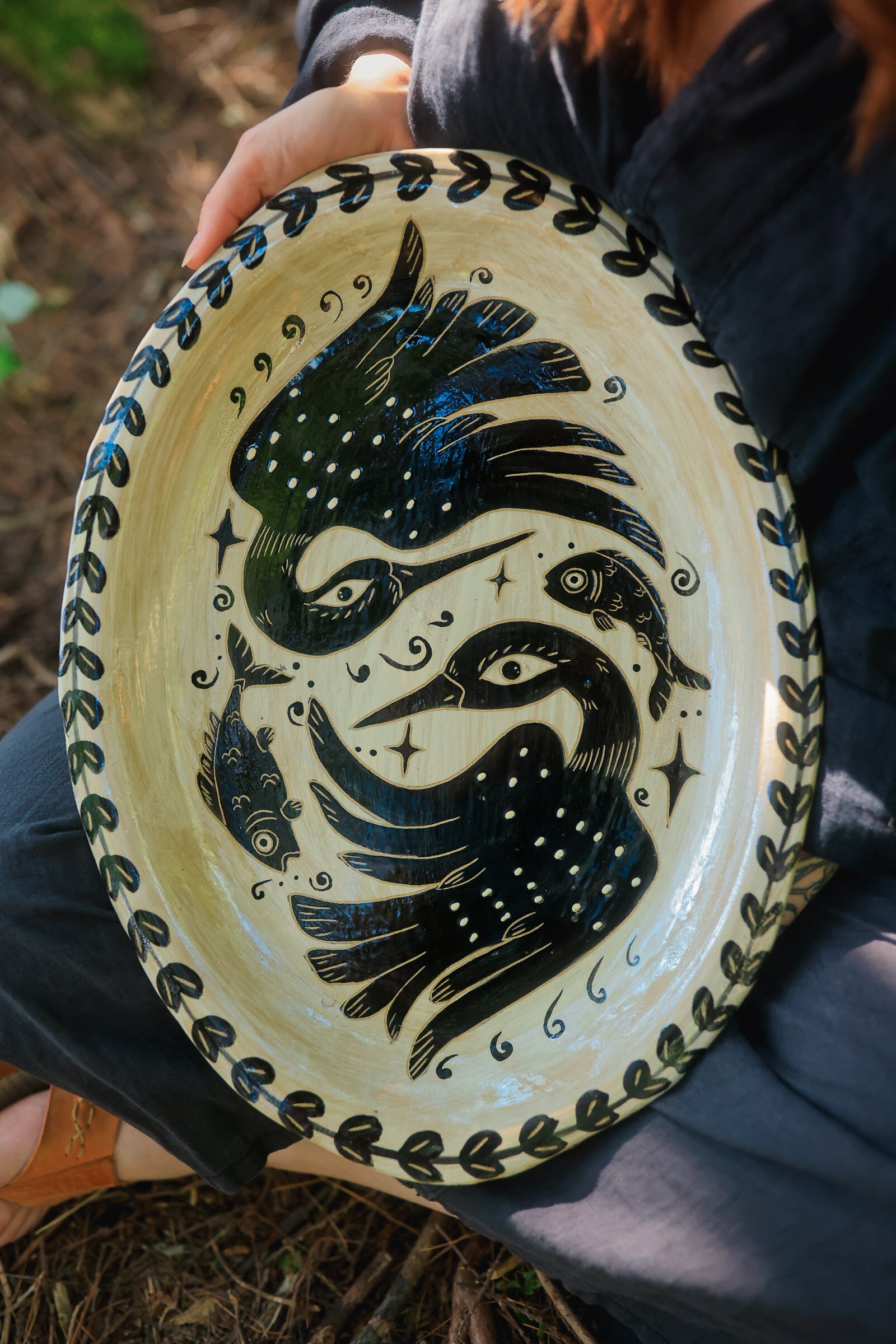 Painted Stoneware Swimming Loons Serving Platter in Washed Ink