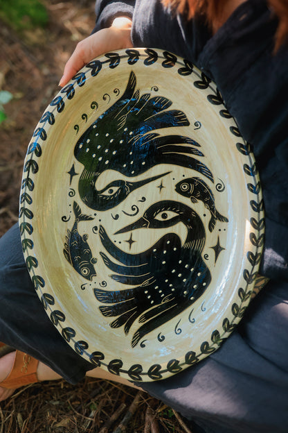 Painted Stoneware Swimming Loons Serving Platter in Washed Ink