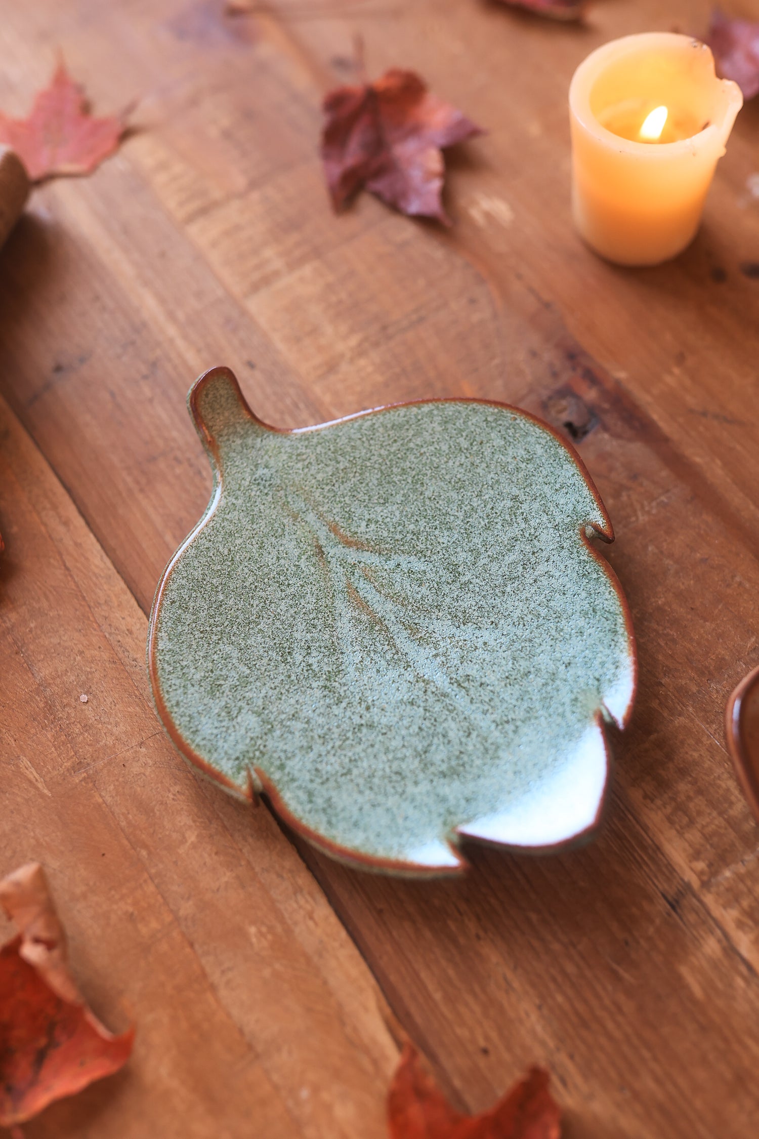 Pair of Autumn Forest Acorn &amp; Leaf Dishes in Red Stoneware