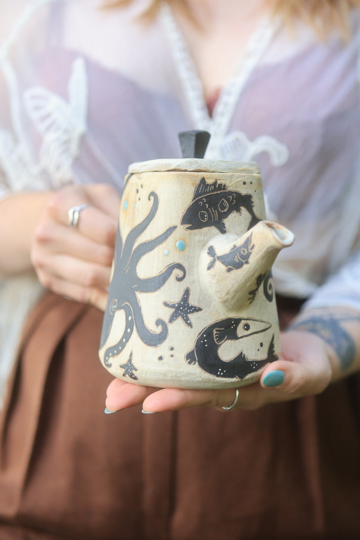 Sea Creatures of Aquaria Teapot Set in Painted Ink Stoneware