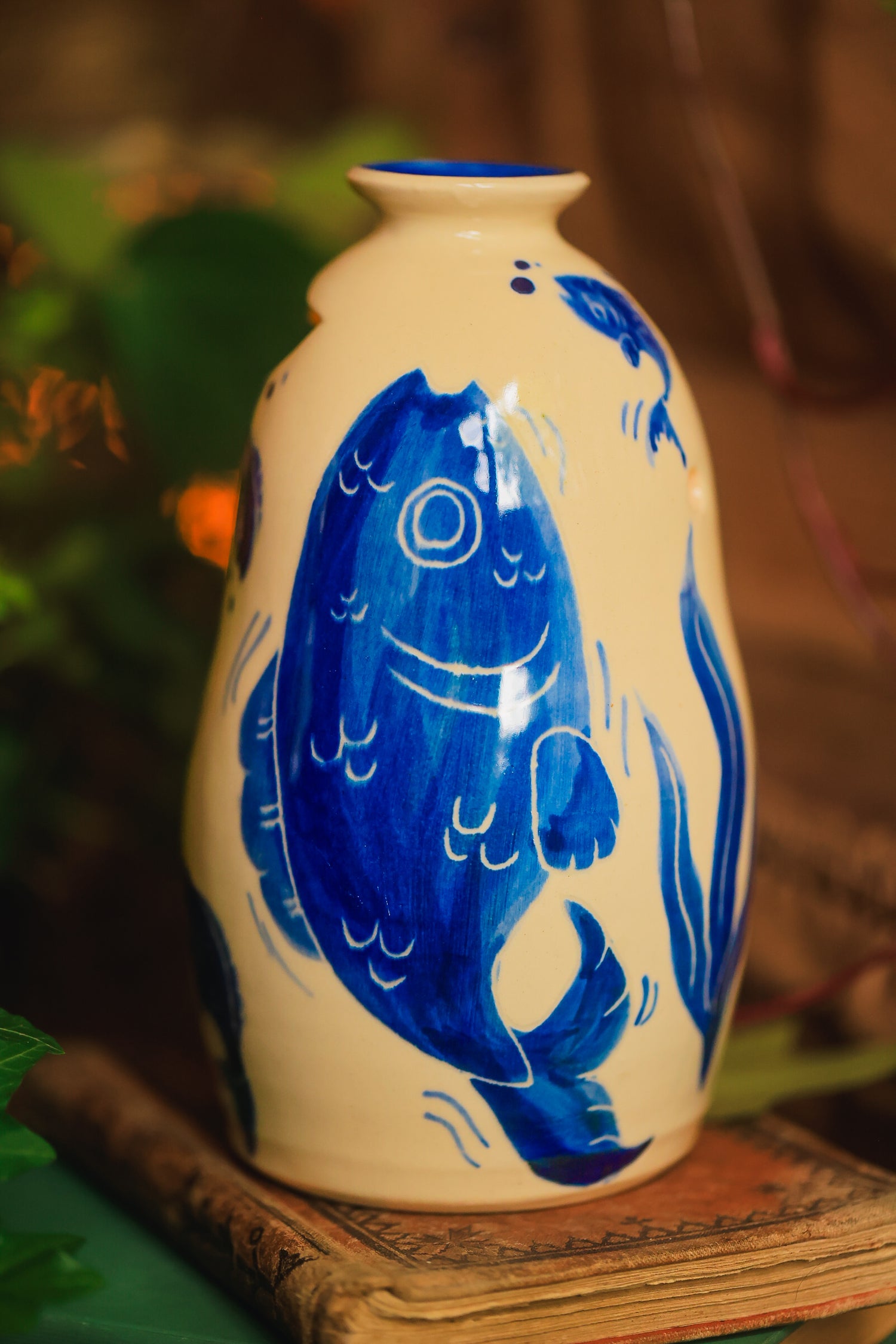 Painted Summer Fishies Candelaria Vase in Washed Cobalt Porcelain