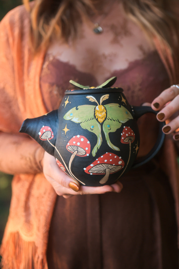 Midnight Autumn Luna Moths &amp; Mushrooms Teapot Set