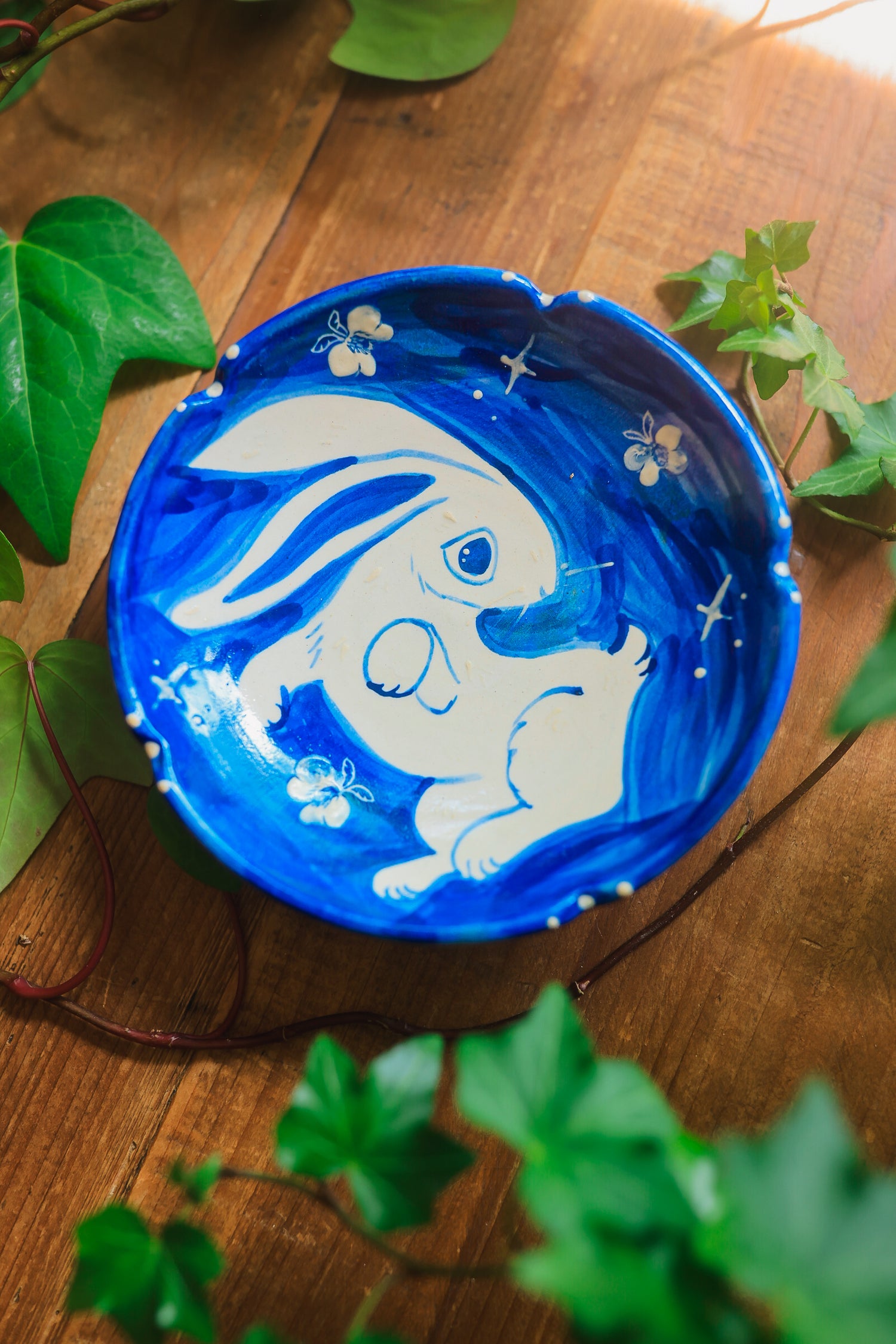Porcelain Meadow Bunny Dish in Washed Cobalt