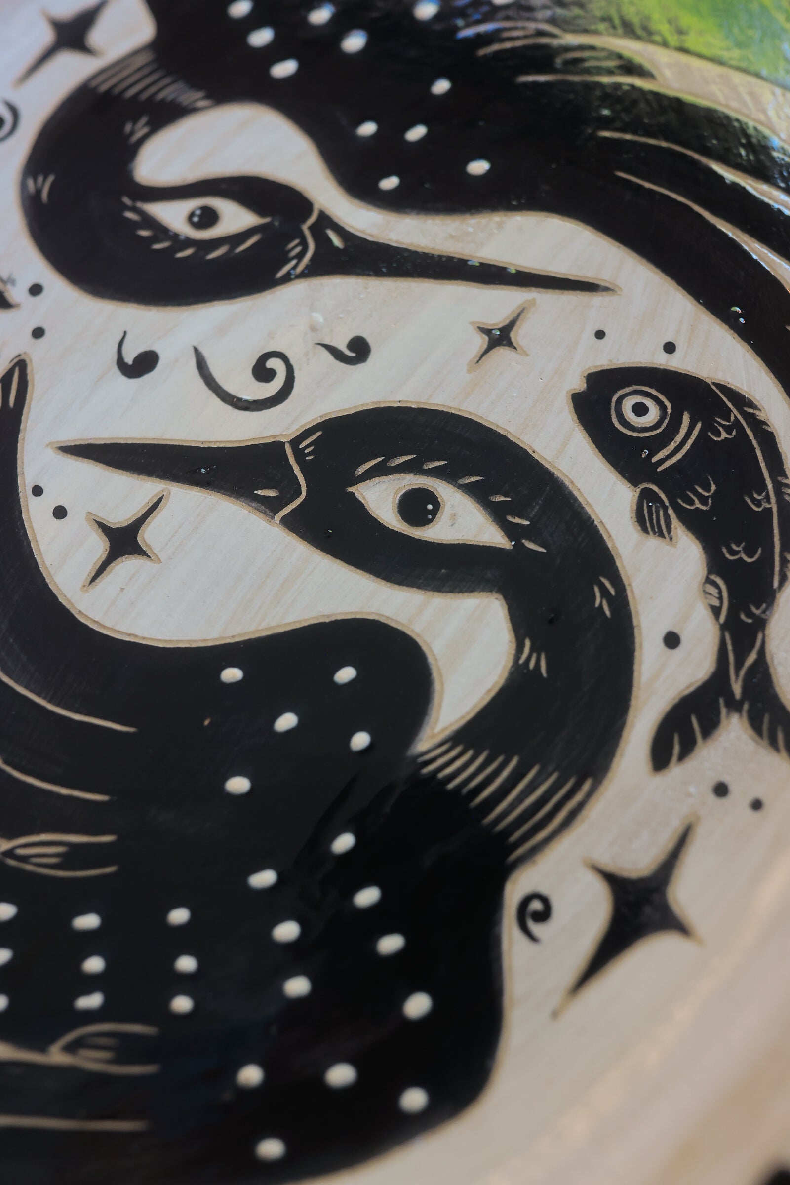 Painted Stoneware Swimming Loons Serving Platter in Washed Ink