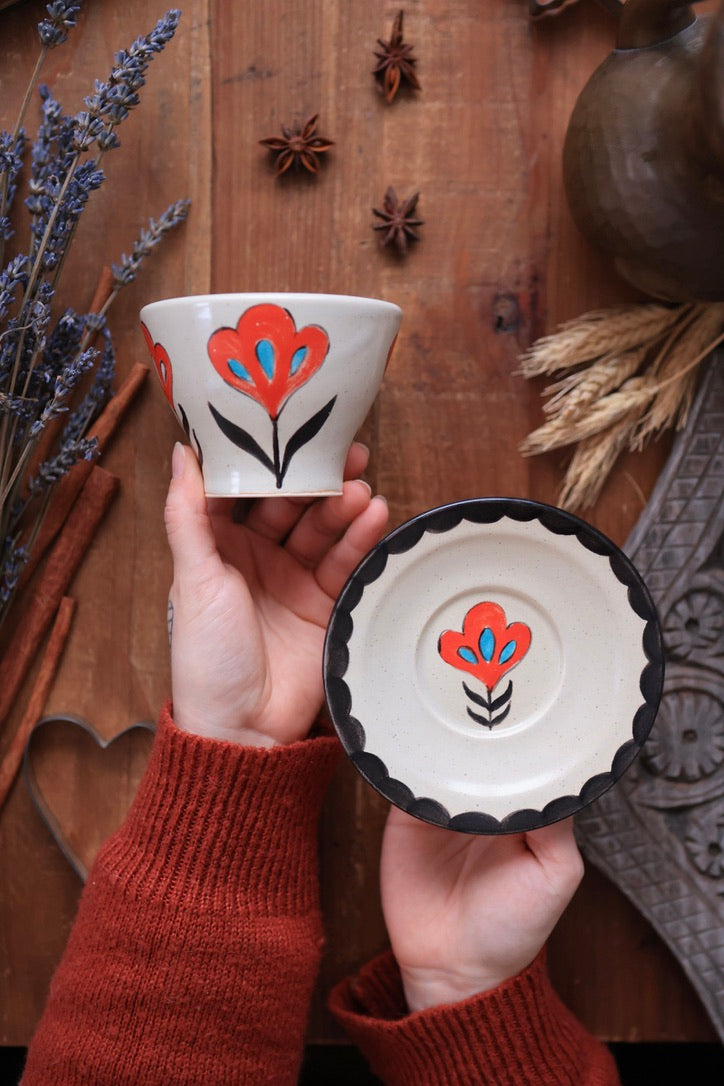 Folkware Orange Meadow Flower Cup and Saucer Set 8 oz