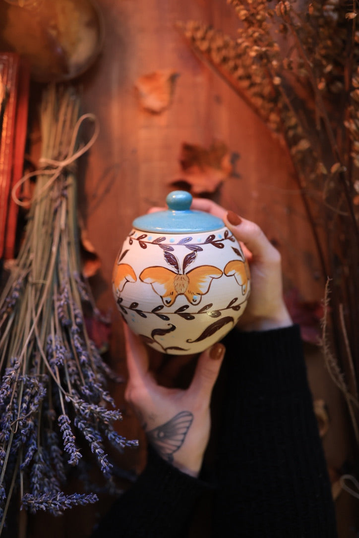 Painted Autumn Moths Apothecary Jar in Porcelain