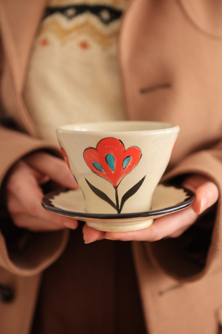 Folkware Orange Meadow Flower Cup and Saucer Set 8 oz