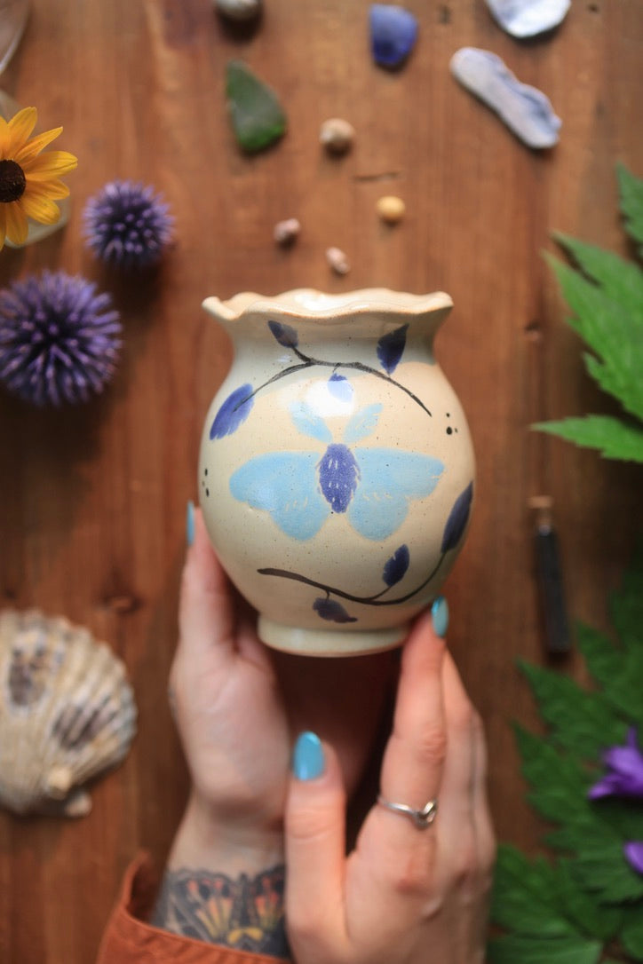 Painted Indigo Summer Moths Vase in Porcelain - 13 oz