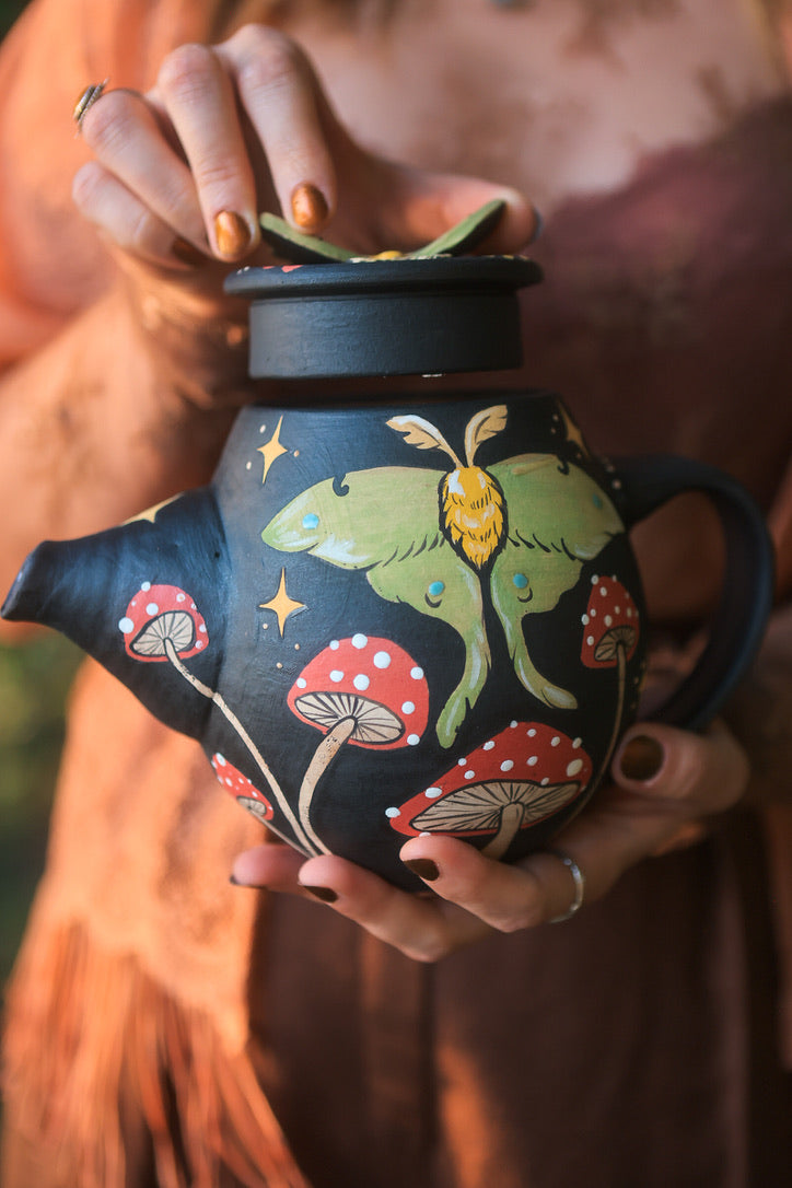 Midnight Autumn Luna Moths &amp; Mushrooms Teapot Set