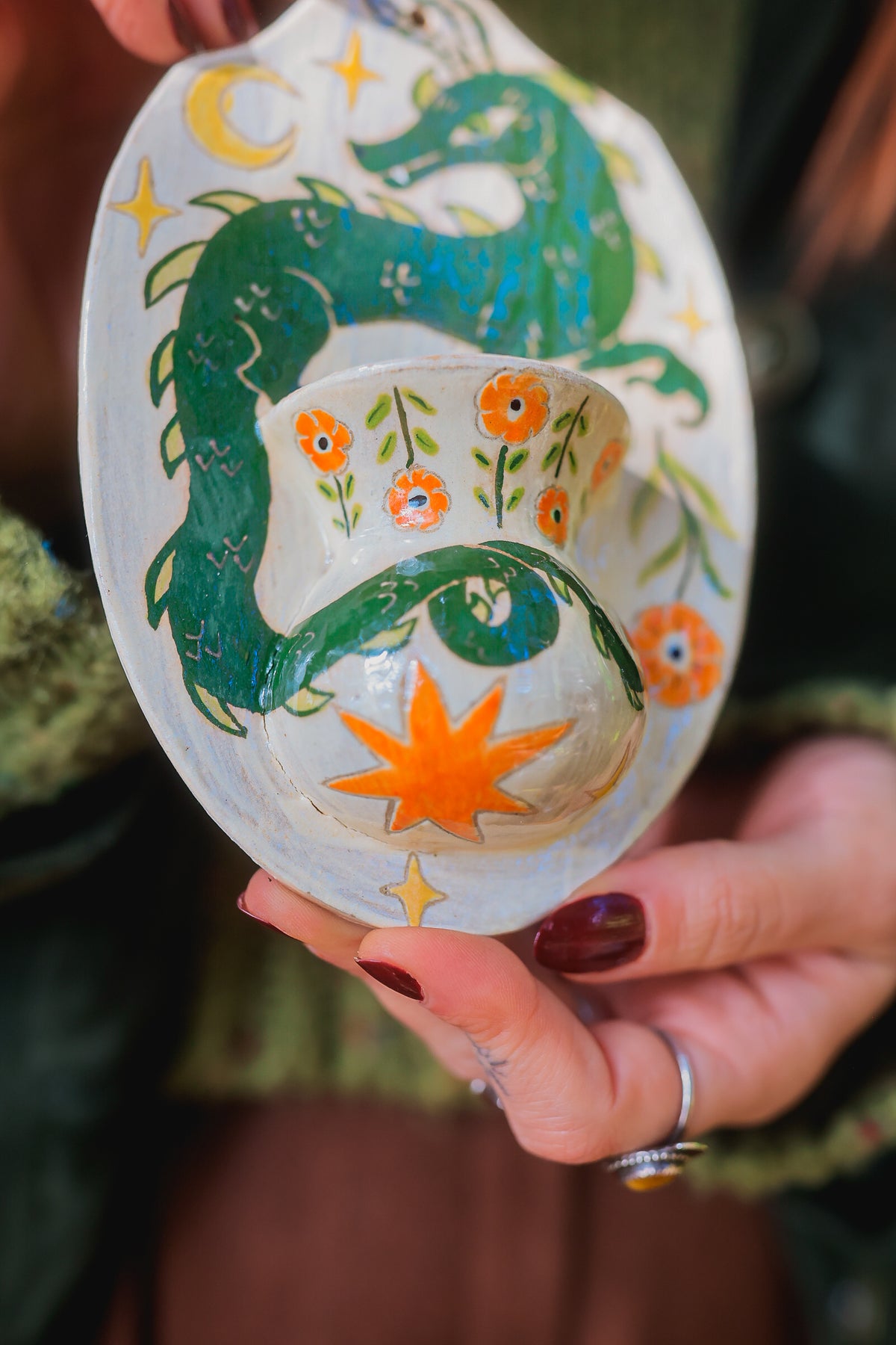 Autumn Emerald Dragon Wall Pocket in Painted Stoneware