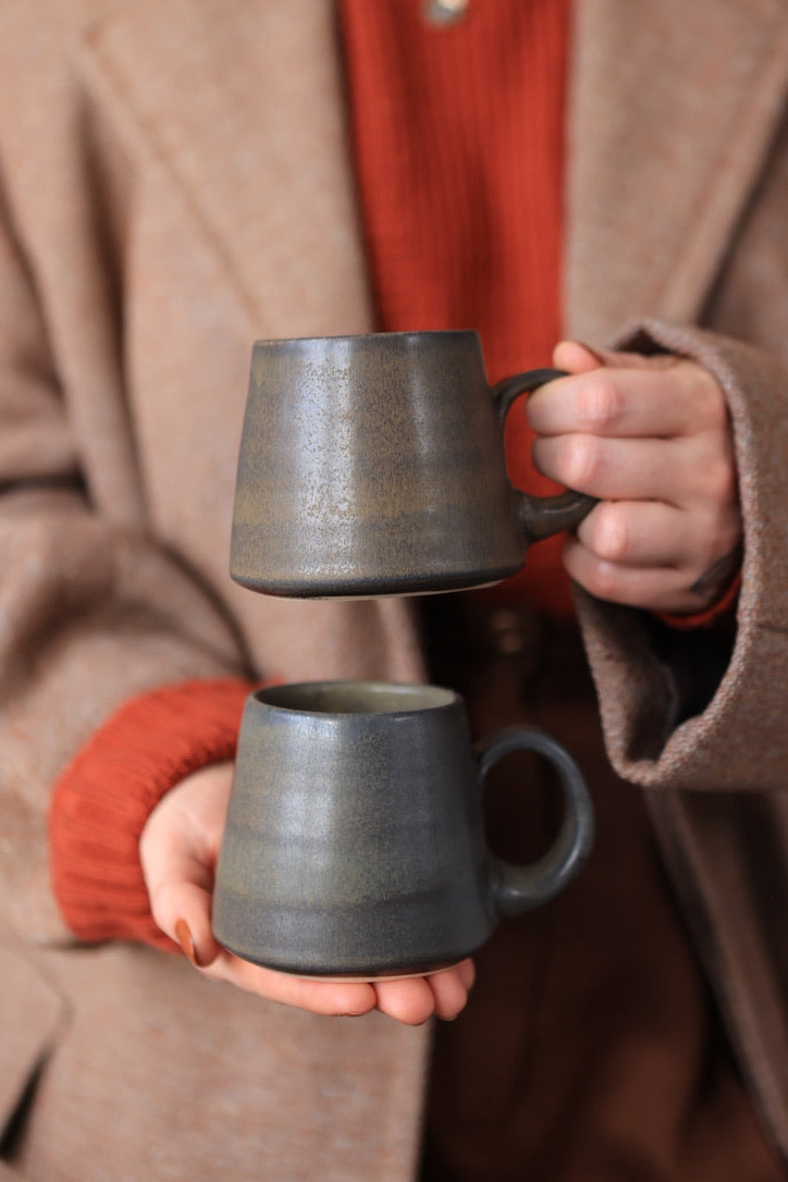 72 Porcelain Pair of Charcoal Folkware Mugs 10 oz