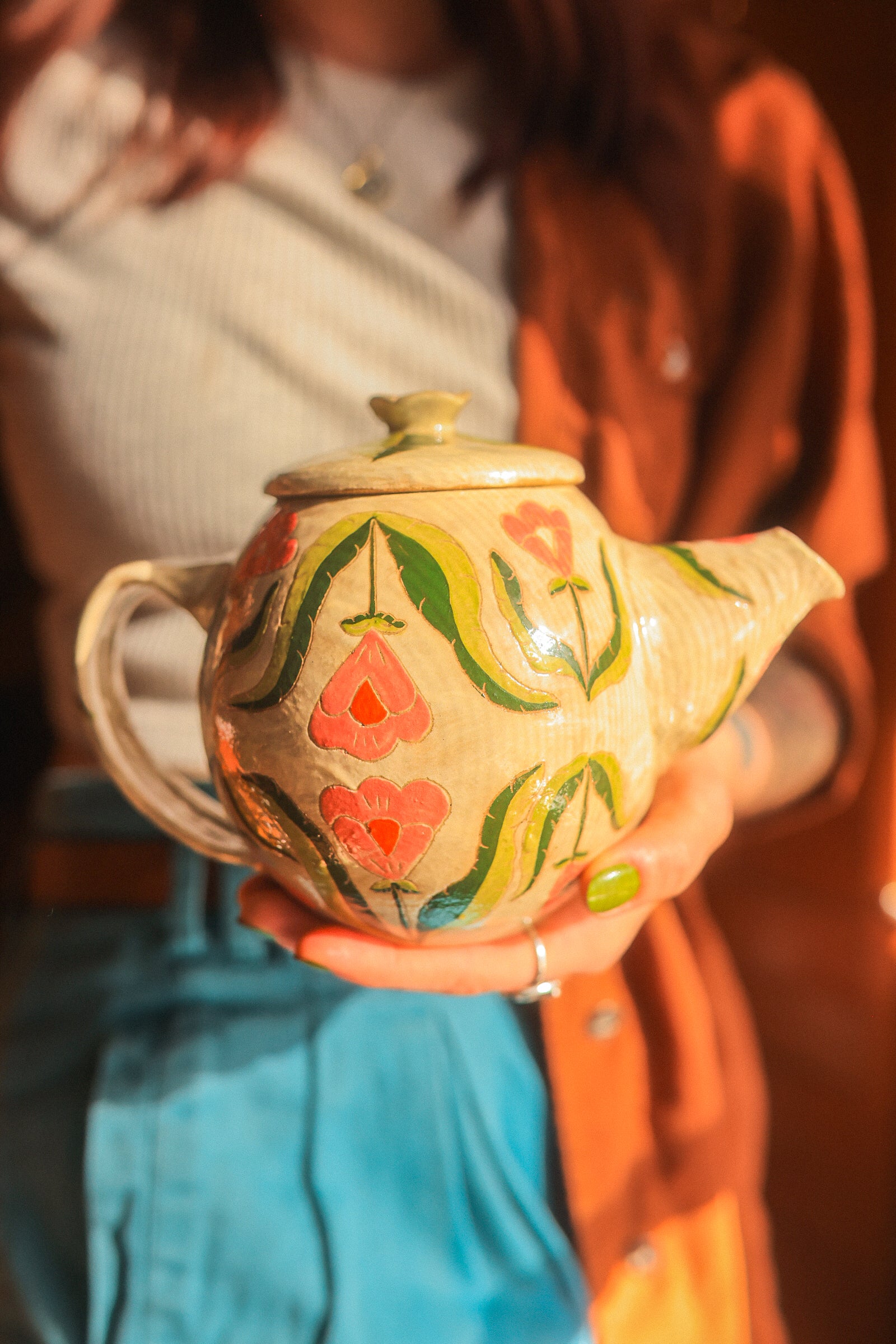 Painted Botanical Temple of Flowers Teapot in Stoneware
