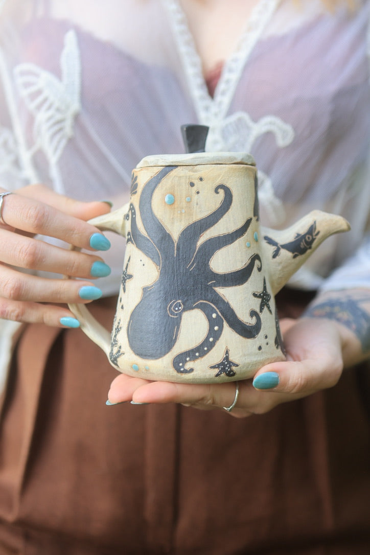 Sea Creatures of Aquaria Teapot Set in Painted Ink Stoneware