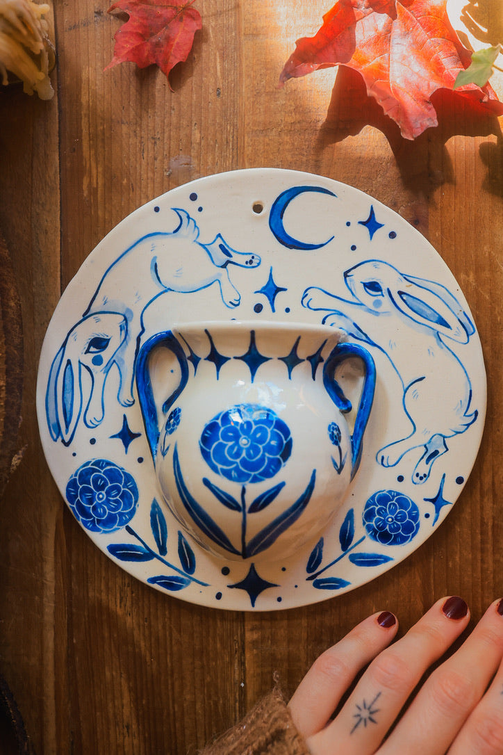 Meadow Rabbits of Morwain Wall Pocket in Painted Blue-On-White Porcelain