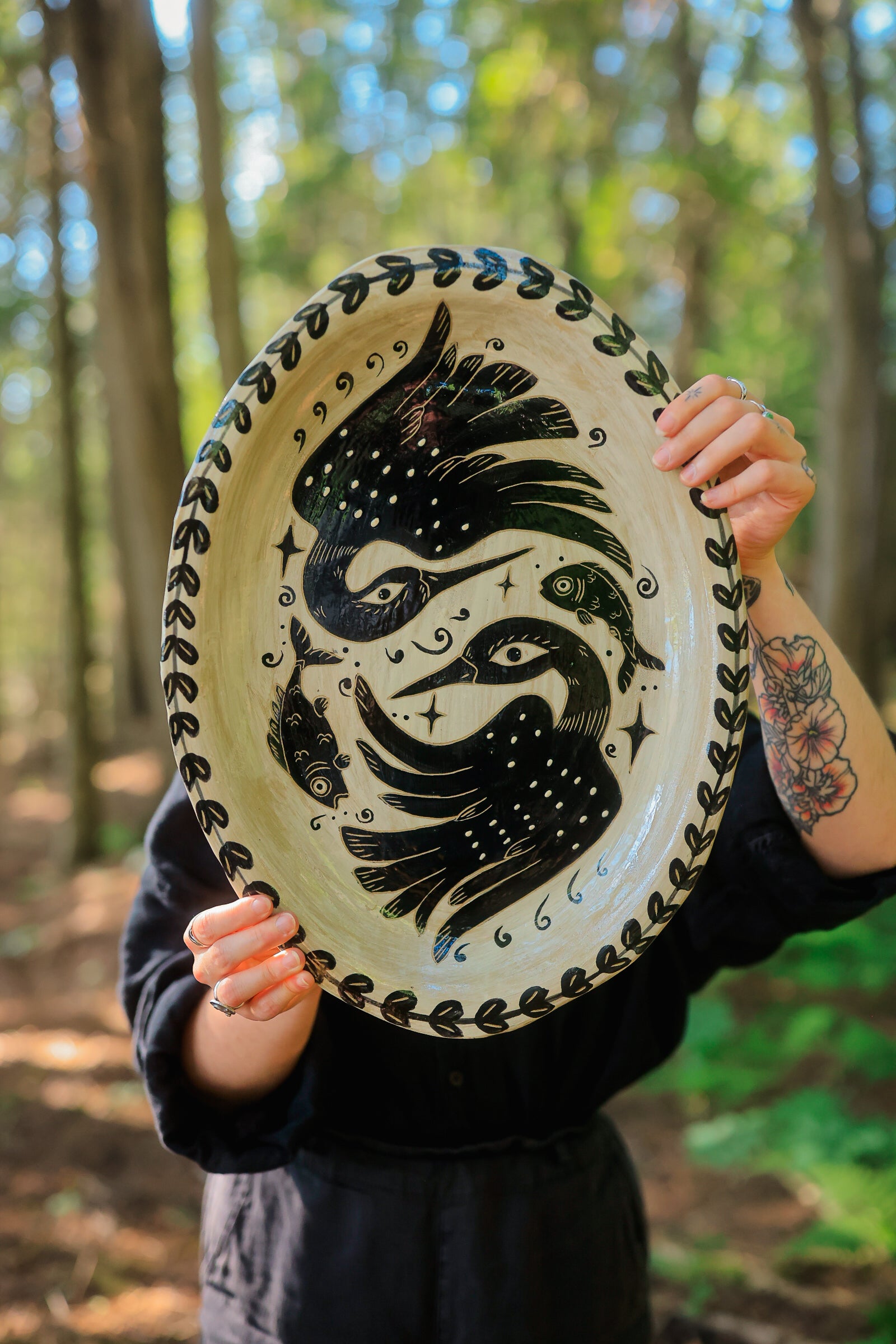 Painted Stoneware Swimming Loons Serving Platter in Washed Ink