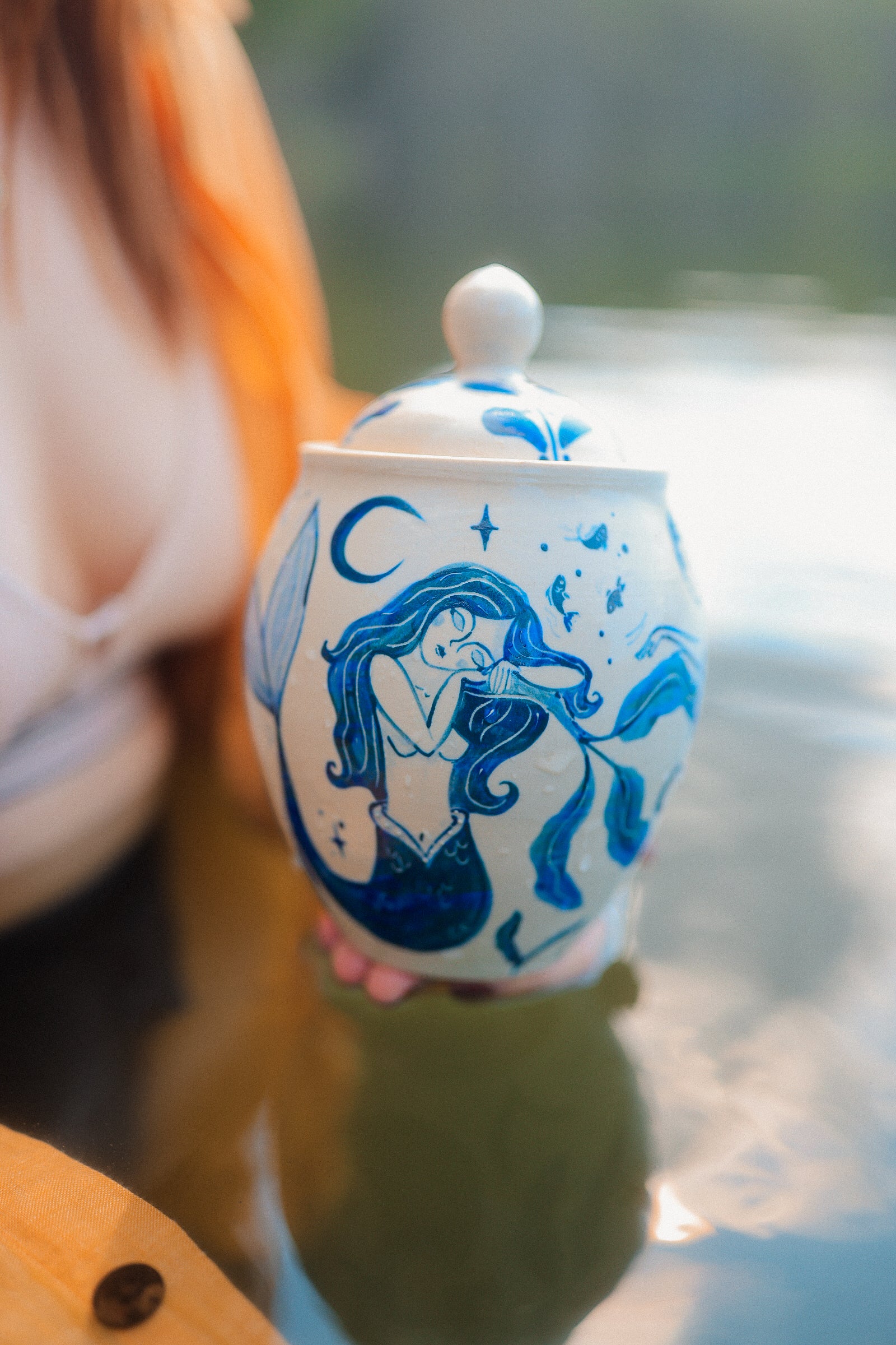 Painted Porcelain Maidens of the Sea Jar in Cobalt Blue