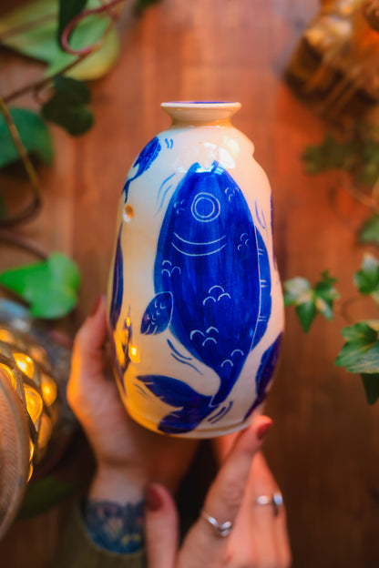 Painted Summer Fishies Candelaria Vase in Washed Cobalt Porcelain