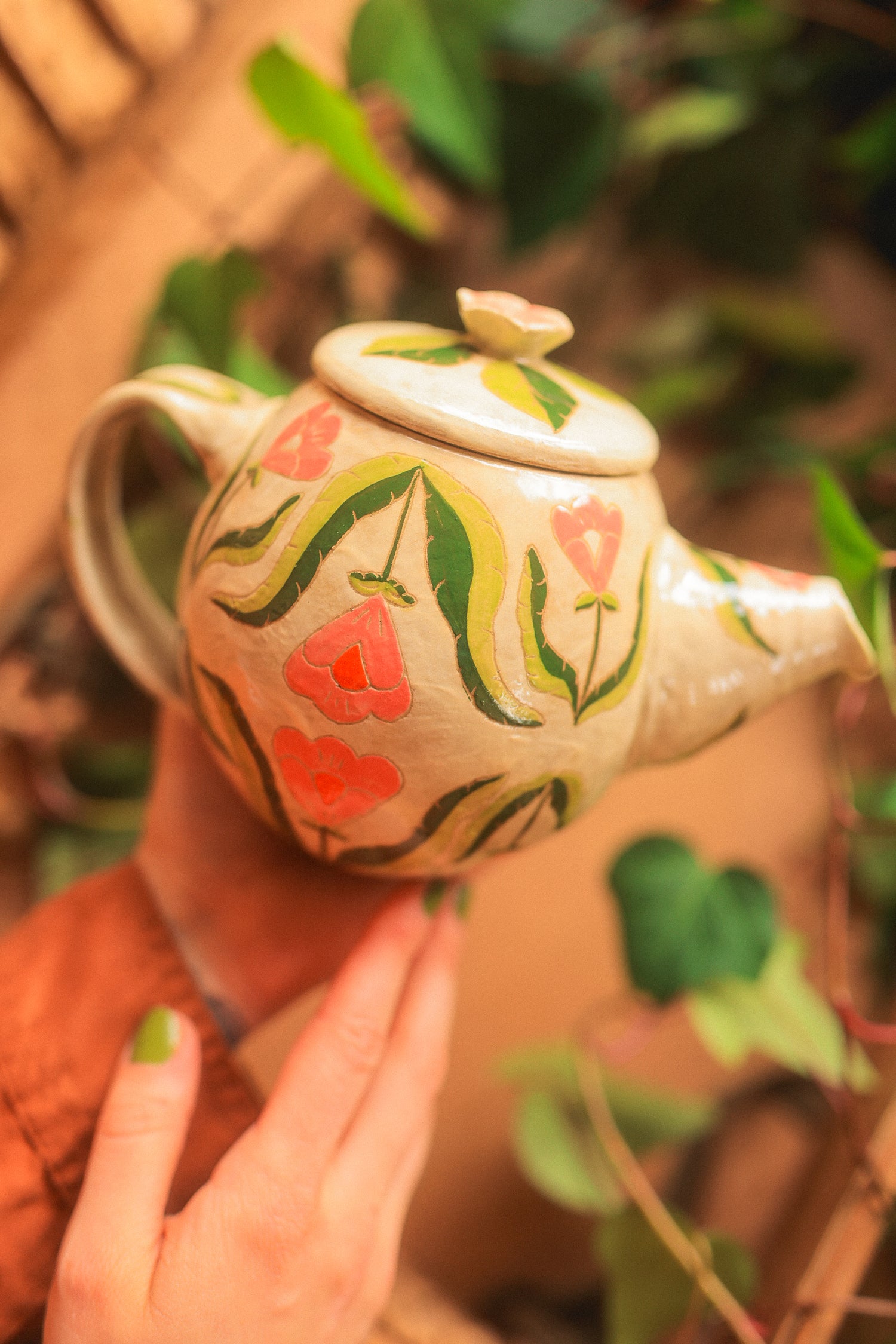Painted Botanical Temple of Flowers Teapot in Stoneware