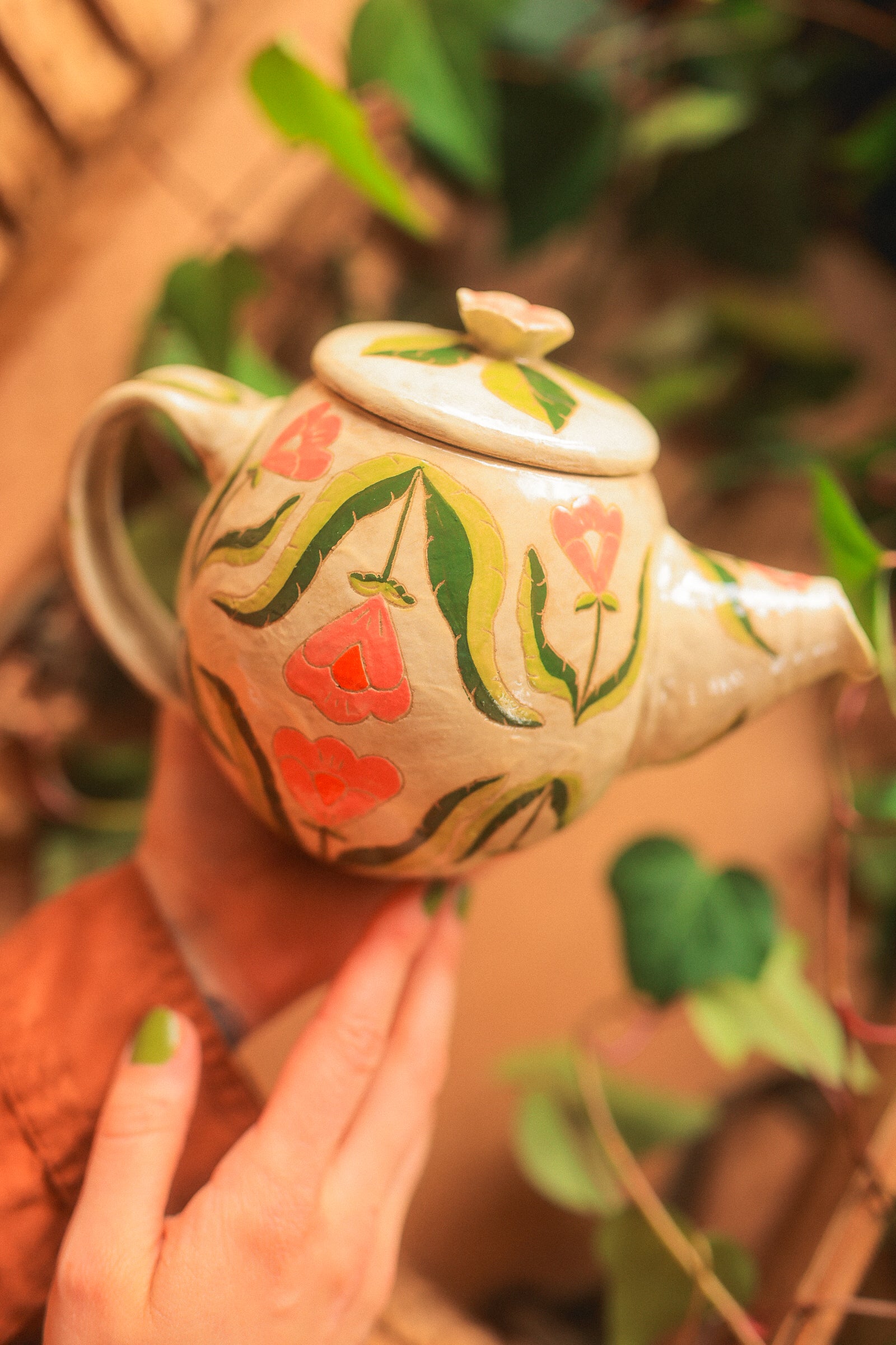 Painted Botanical Temple of Flowers Teapot in Stoneware