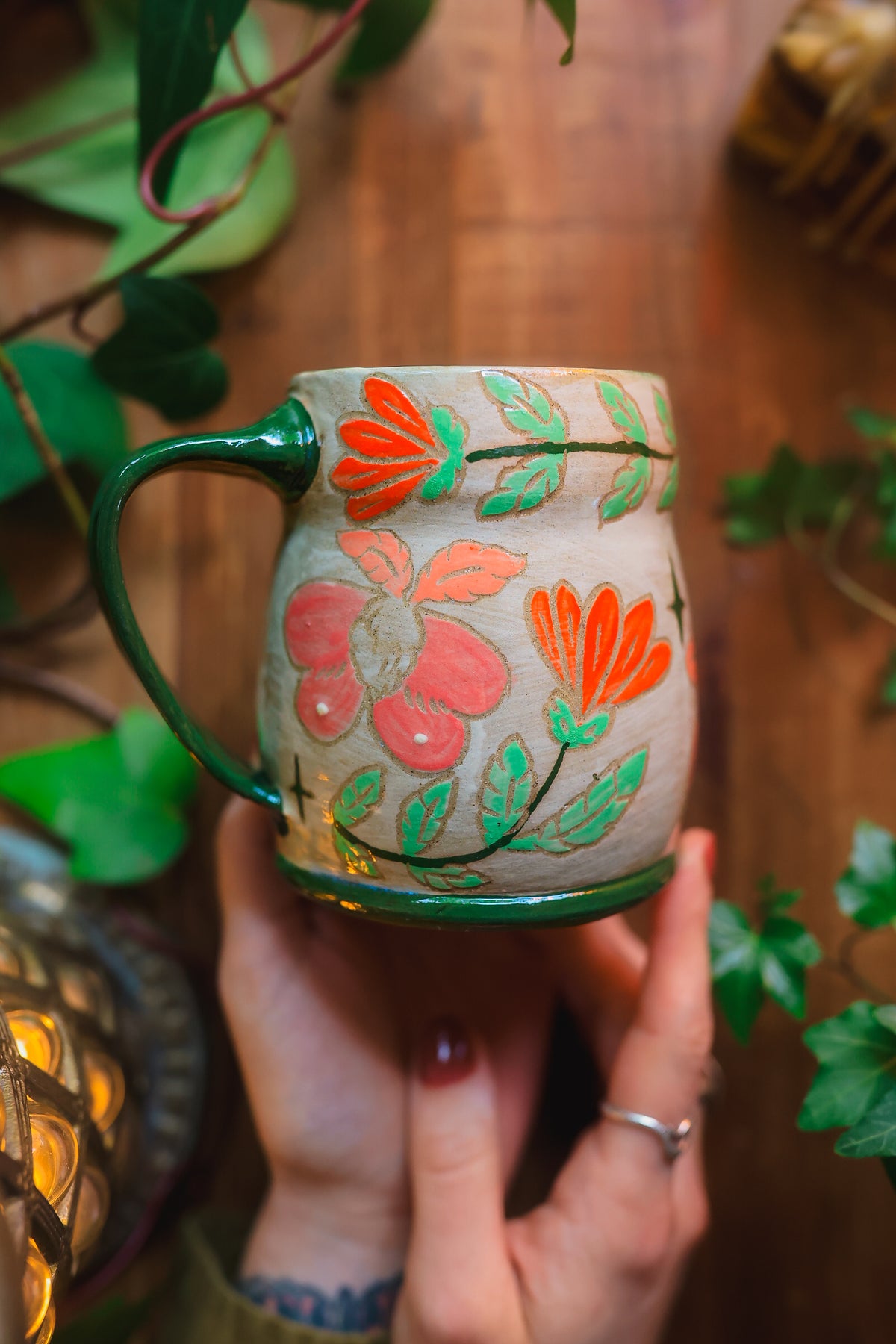 Painted Summer Moths Mug in Washed Coral &amp; Lime 16 oz