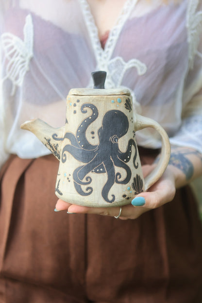 Sea Creatures of Aquaria Teapot Set in Painted Ink Stoneware