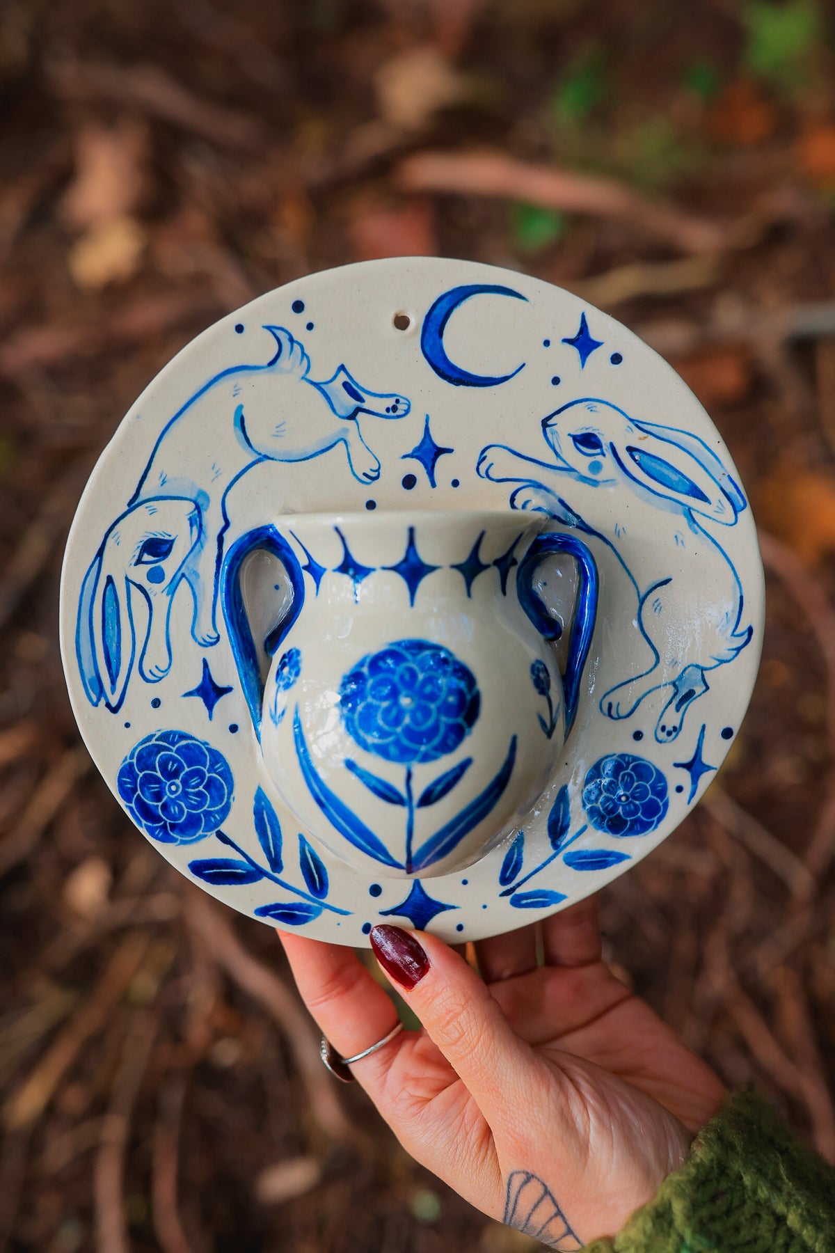 Meadow Rabbits of Morwain Wall Pocket in Painted Blue-On-White Porcelain