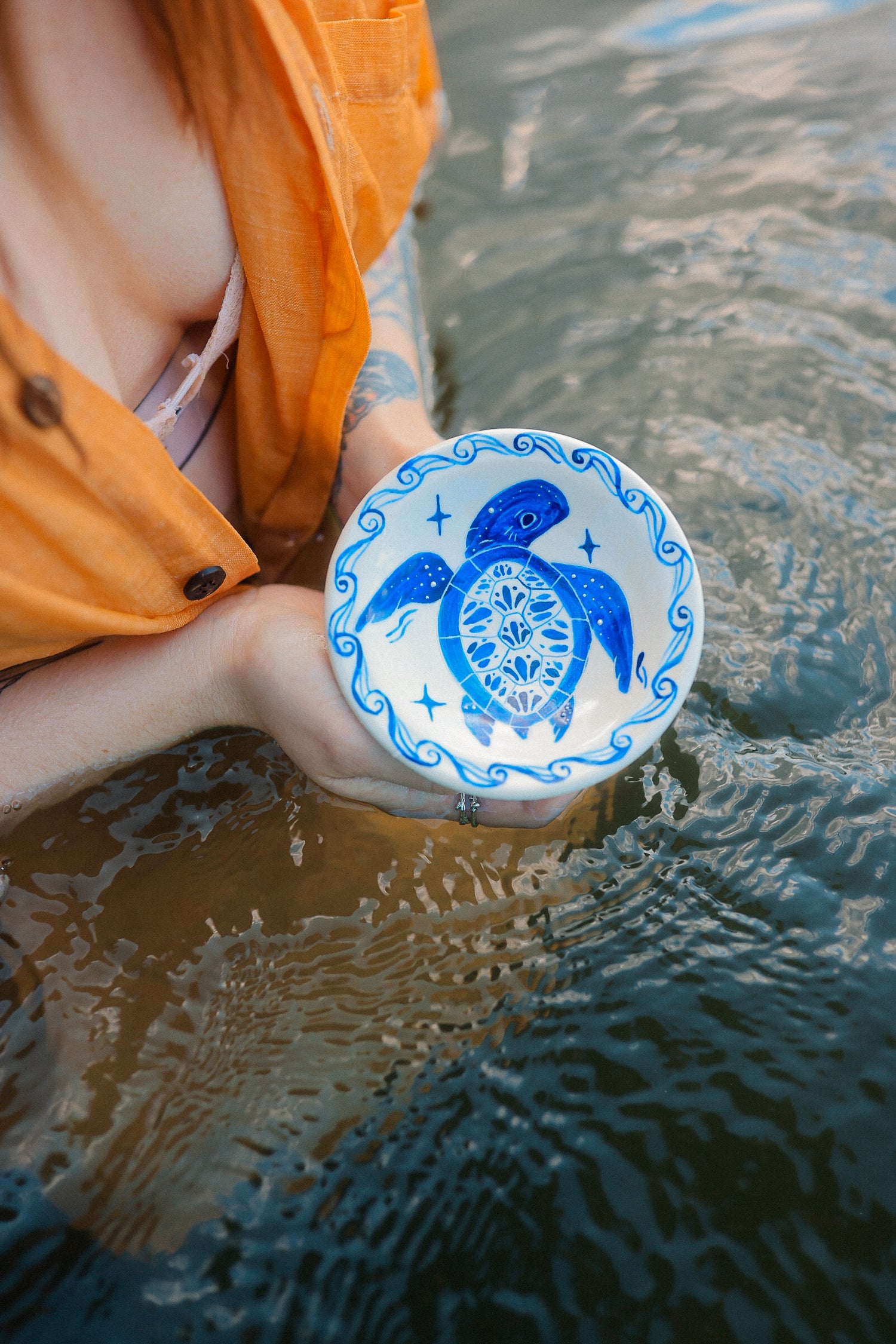 Painted Blue Porcelain Sea Turtle Trinket Dish