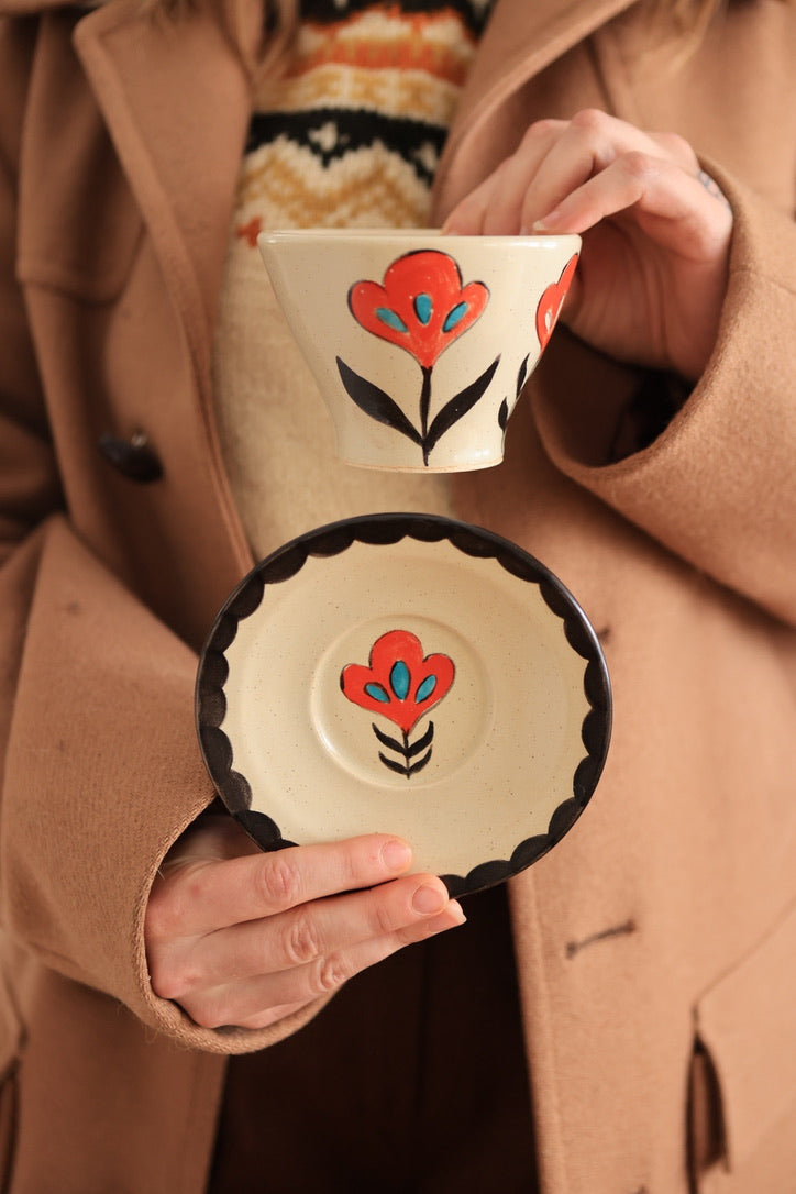 Folkware Orange Meadow Flower Cup and Saucer Set 8 oz