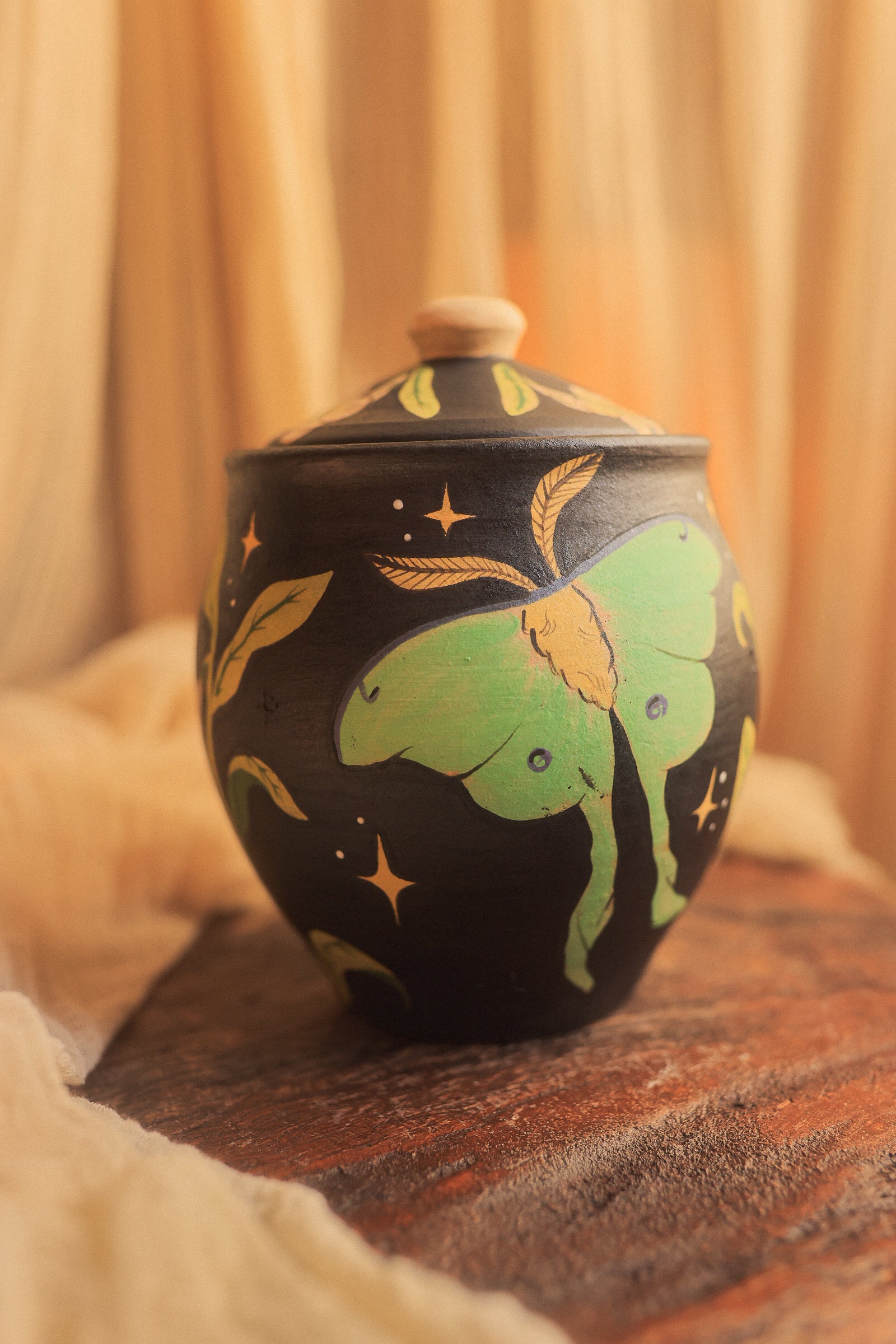 Painted Luna Moths Lidded Jar in Midnight