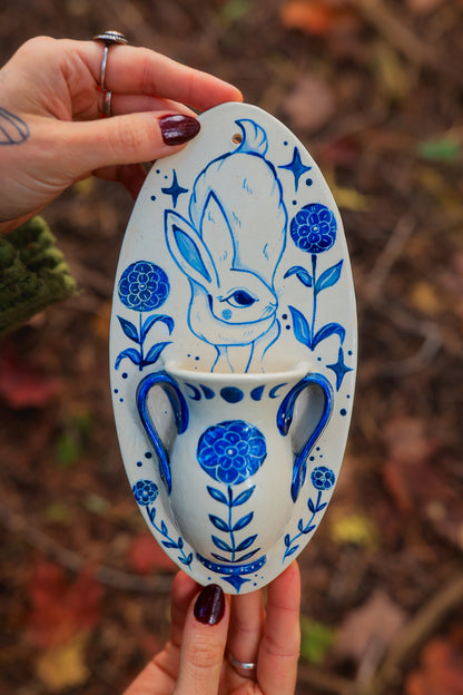 Autumn Rabbit Joy Wall Pocket in Painted Blue-On-White Porcelain
