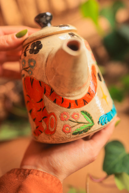 Painted Royal Saffron &amp; Turquoise Tiger Temple Guardians Teapot in Stoneware