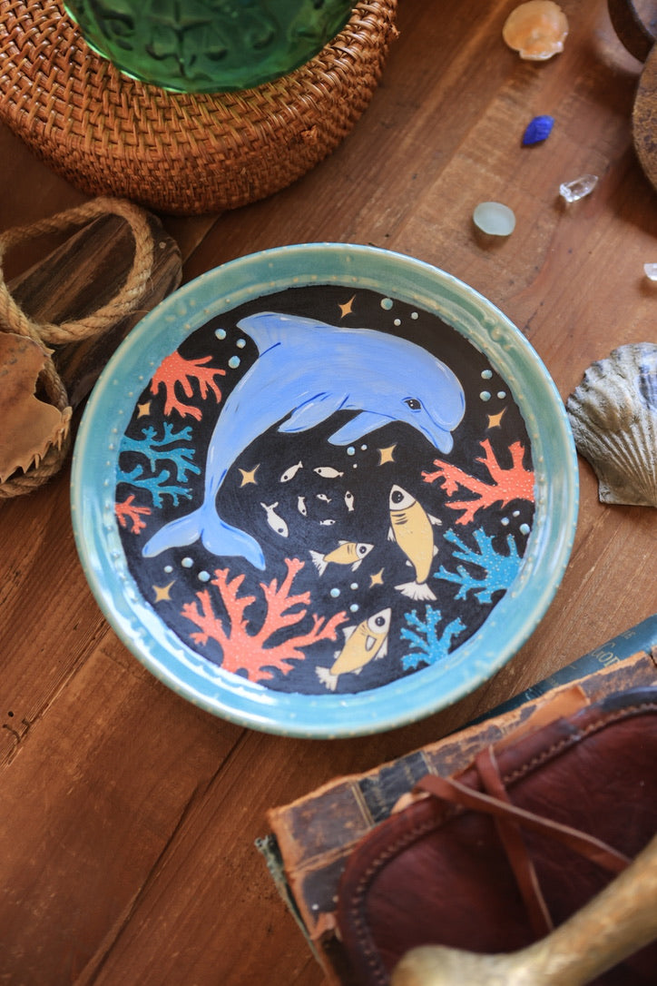 Midnight Turquoise &amp; Coral Sea Dolphin Dish in Porcelain