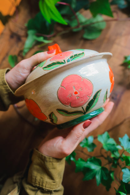 Painted Green Garden Moths Lidded Jar in Stoneware