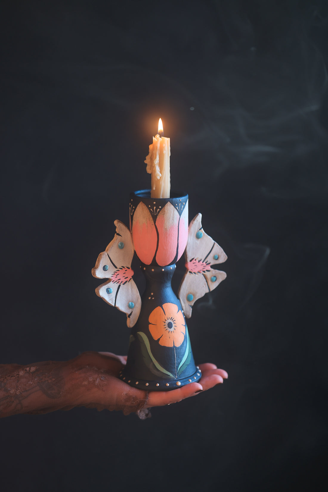 Blushing Forest Moths Candle Holder in Midnight