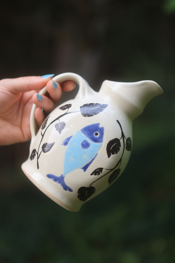 Painted Ink &amp; Indigo Fish Watering Vase in Porcelain