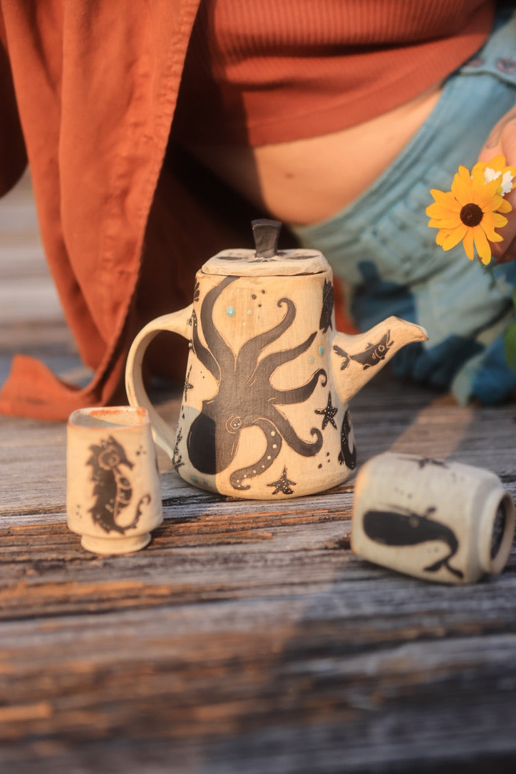 Sea Creatures of Aquaria Teapot Set in Painted Ink Stoneware