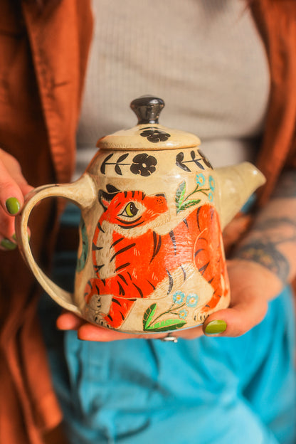 Painted Royal Saffron &amp; Turquoise Tiger Temple Guardians Teapot in Stoneware