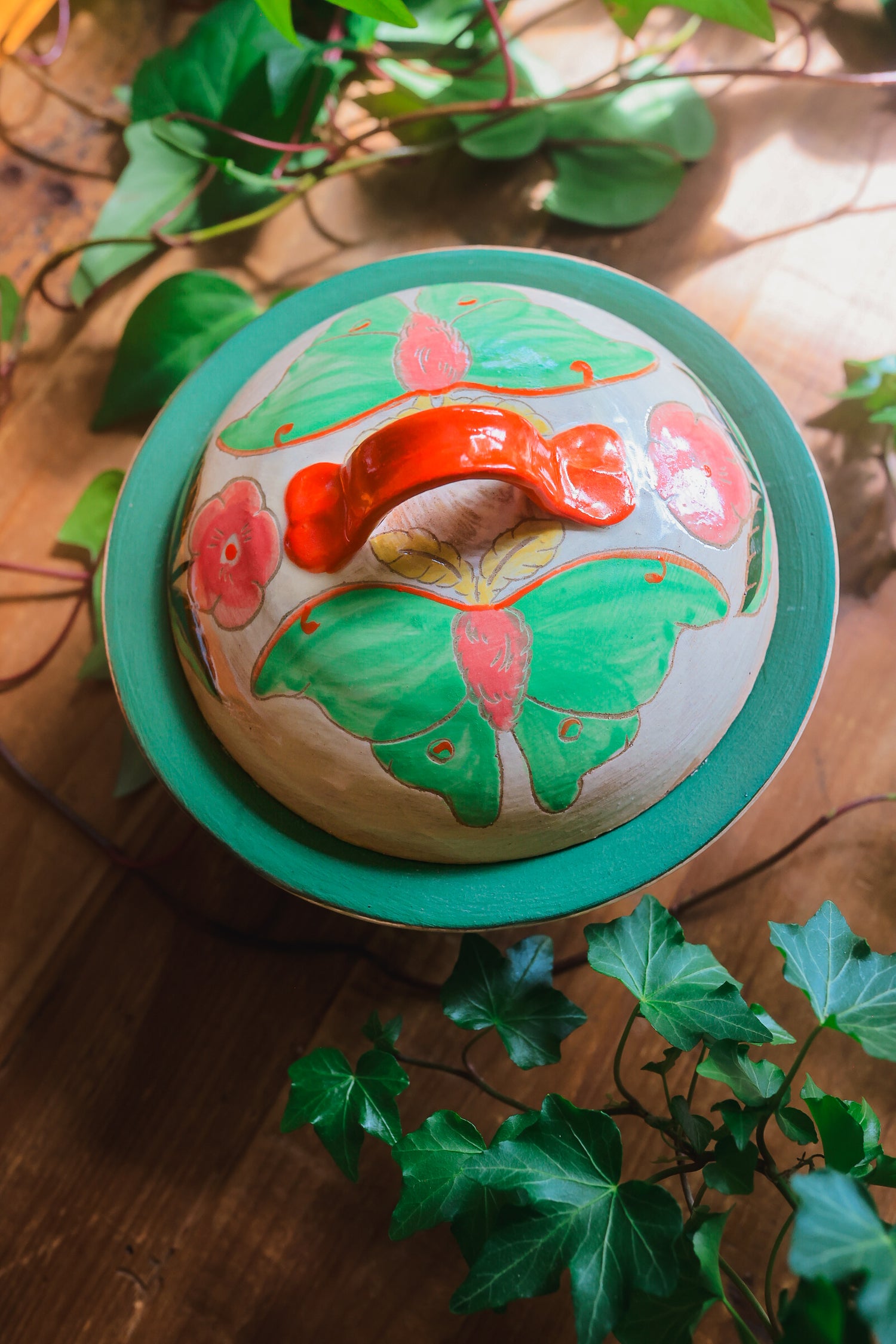 Painted Green Garden Moths Lidded Jar in Stoneware