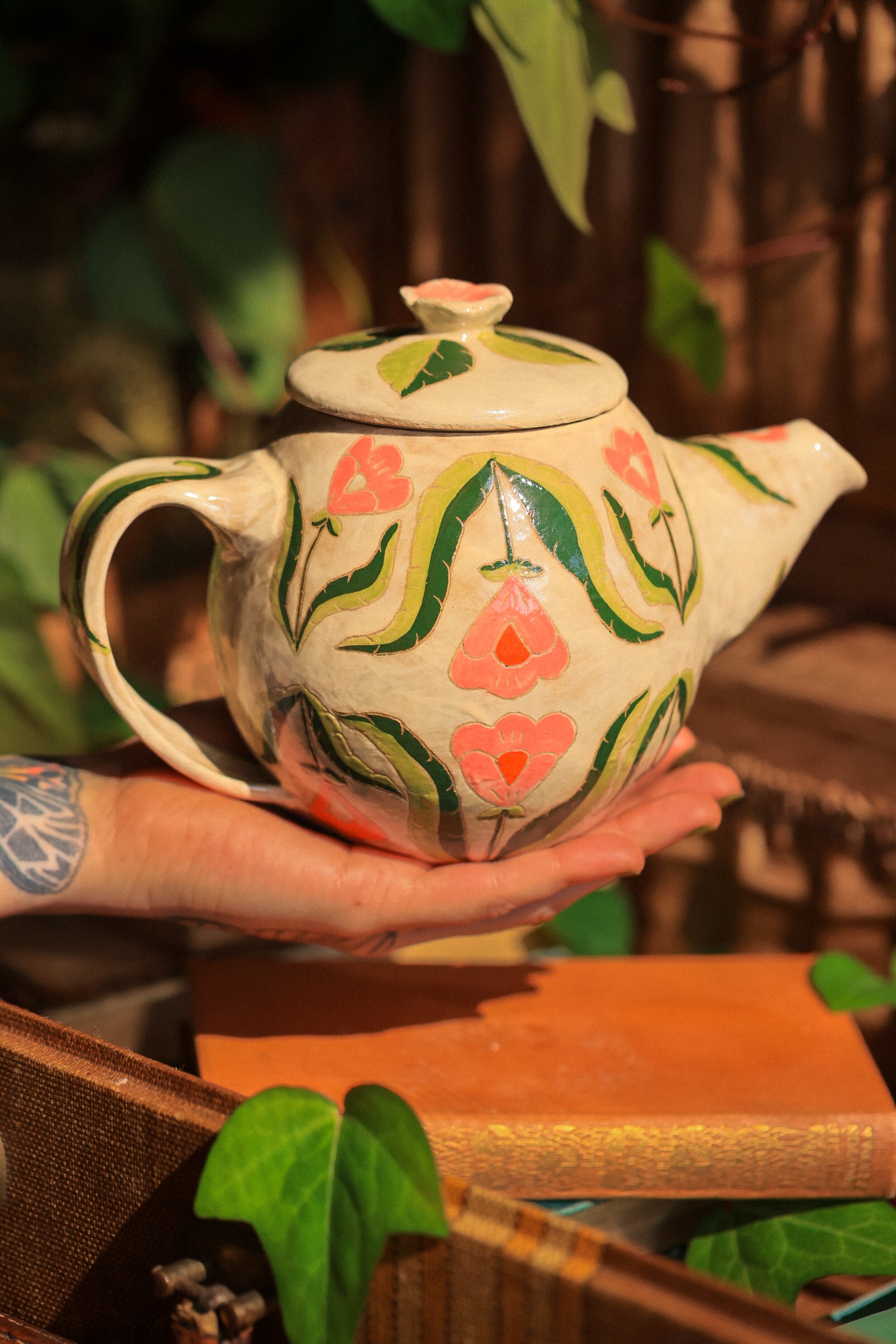 Painted Botanical Temple of Flowers Teapot in Stoneware