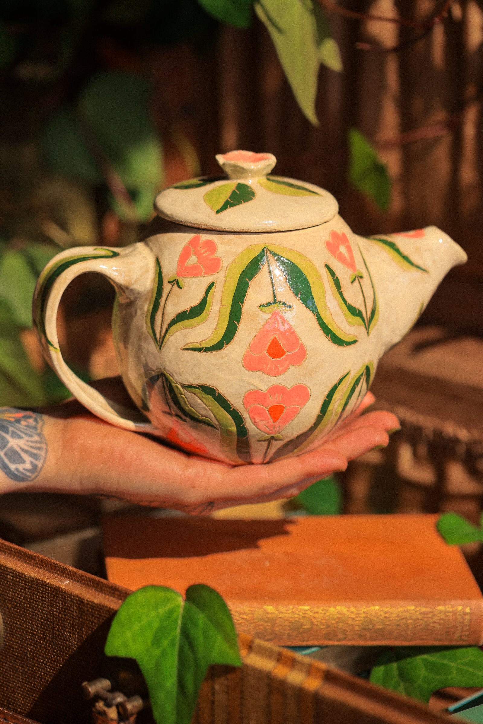 Painted Botanical Temple of Flowers Teapot in Stoneware