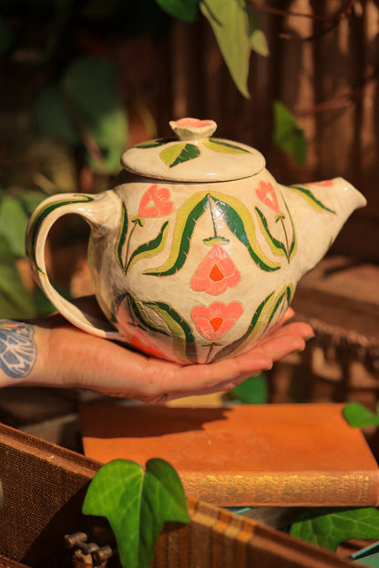 Painted Botanical Temple of Flowers Teapot in Stoneware