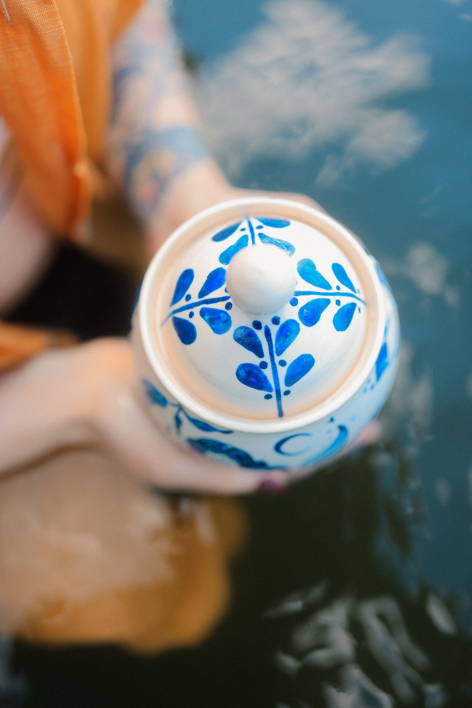 Painted Porcelain Maidens of the Sea Jar in Cobalt Blue