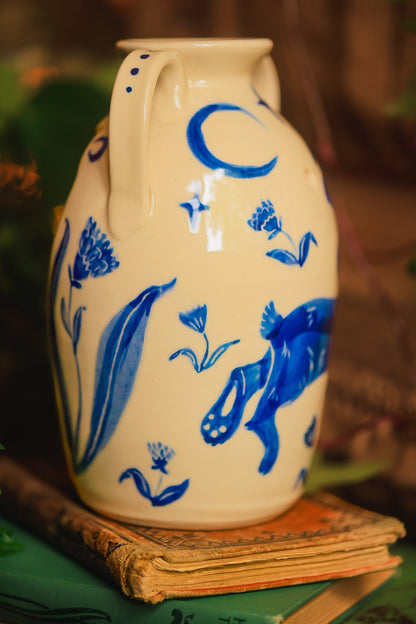 Painted Summer Bunny Candelaria Vase in Washed Cobalt Porcelain