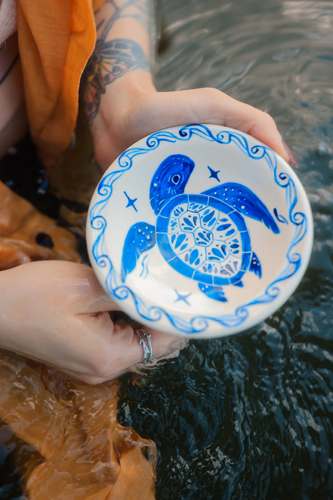 Painted Blue Porcelain Sea Turtle Trinket Dish